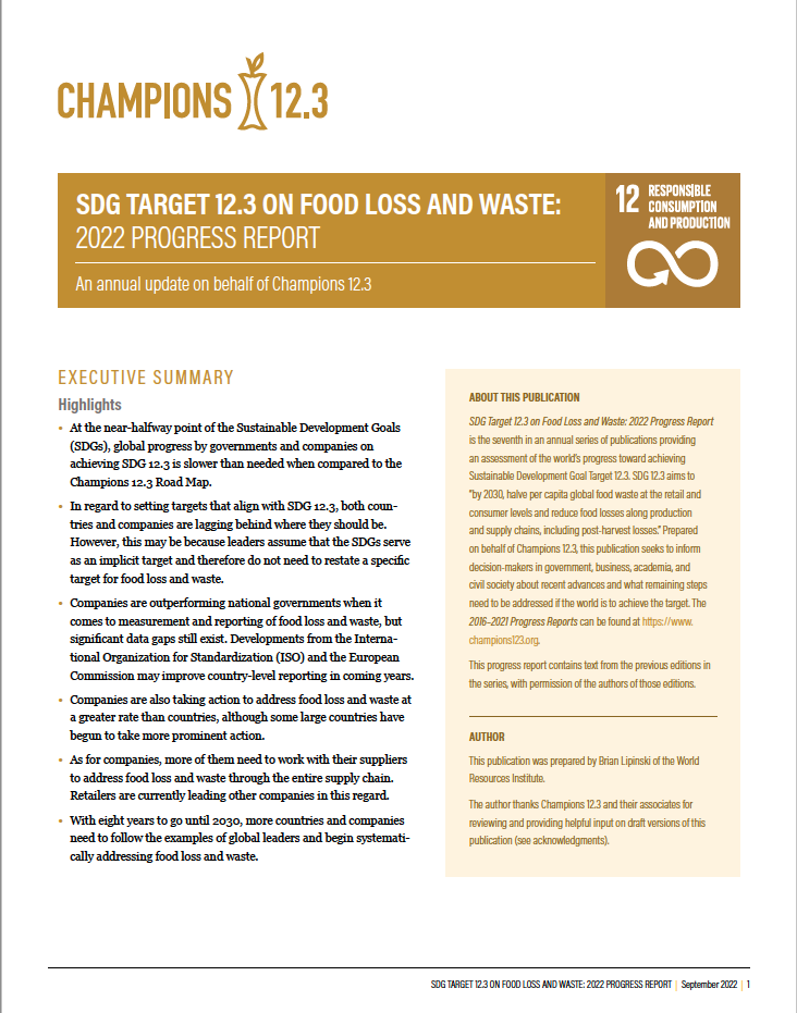SDG Target 12.3 on Food Loss and Waste: 2022 Progress | Champions 12.3